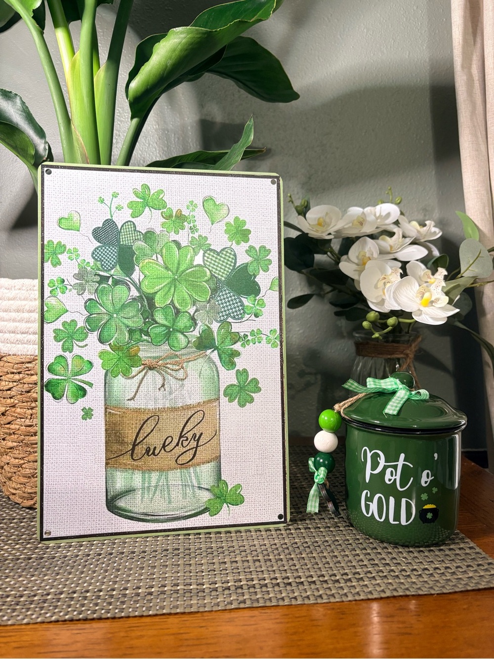 St Patrick’s Day Bundle Pot O Gold Ceramic Jar Lucky Shamrock Metal Sign NWT